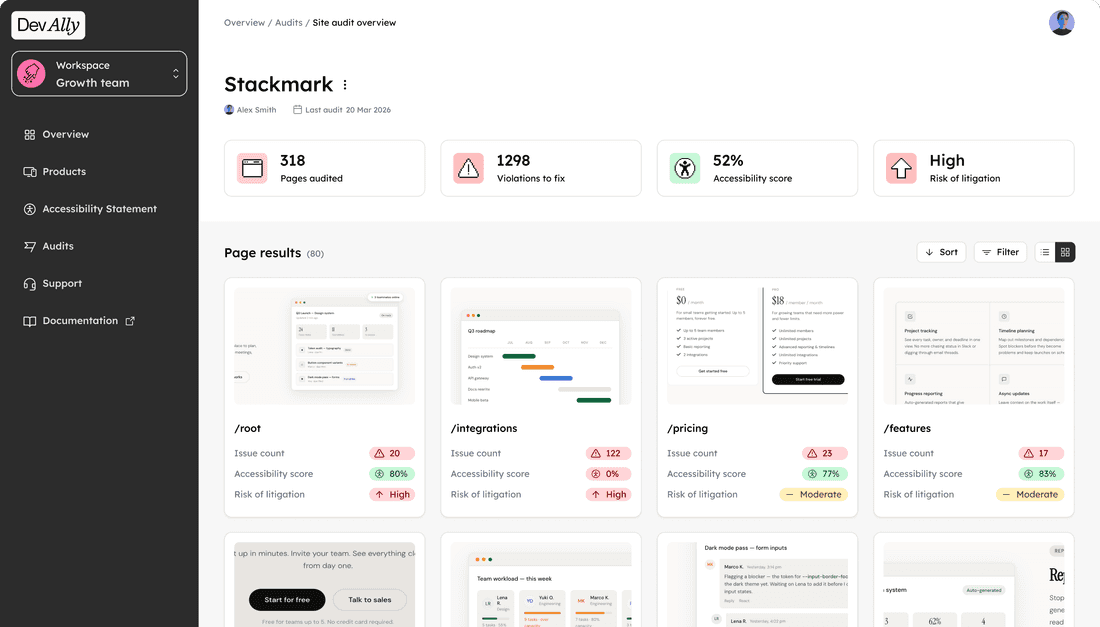 DevAlly automated accessibility audit dashboard